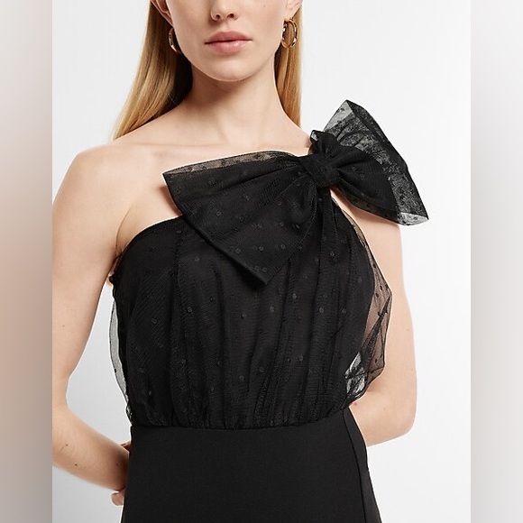 Express Black Mesh Polka Dot One Shoulder Bow Midi Sheath Dress size M - Picture 2 of 14